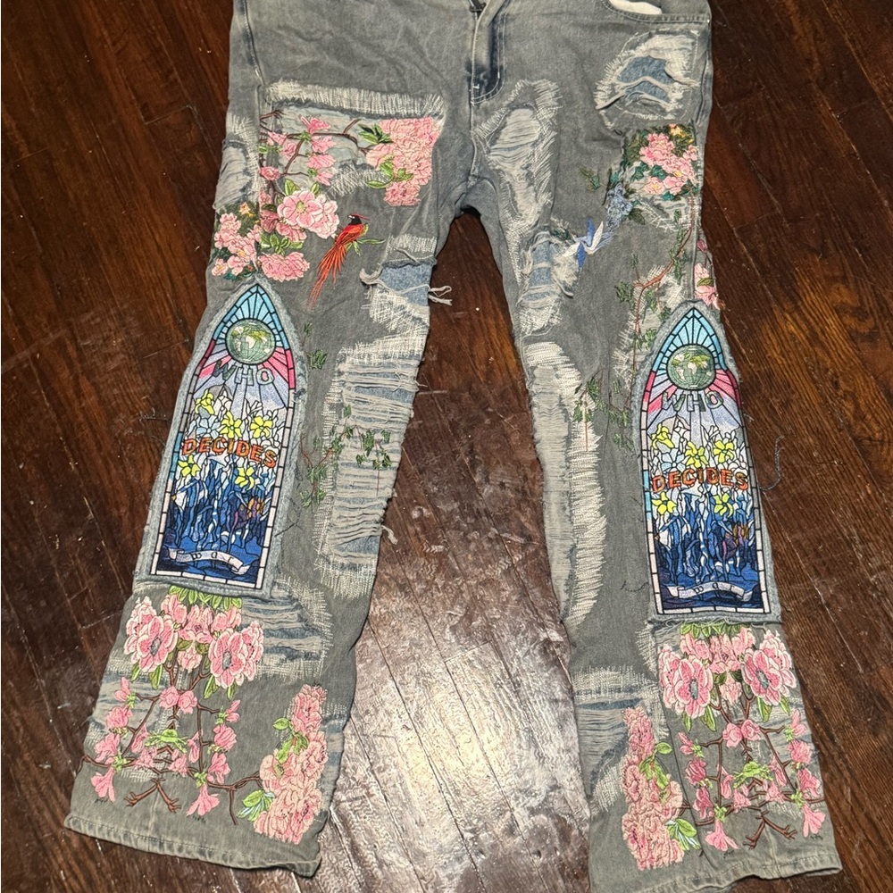 Embroidered Gray Jeans with Floral and Stained Glass Design